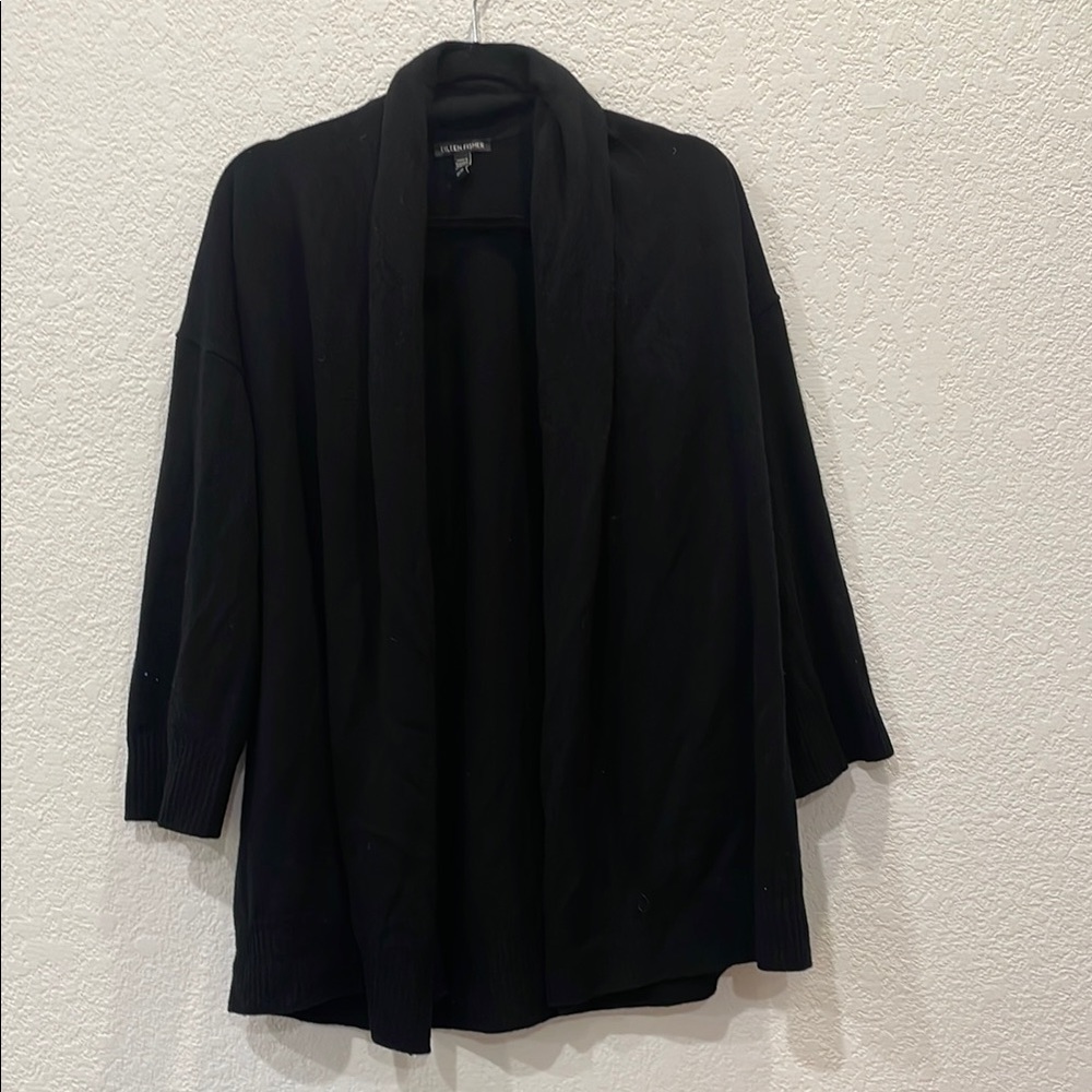 New Eileen Fisher 100% cashmere Black Open Front Cardigan Sweater shawl collar